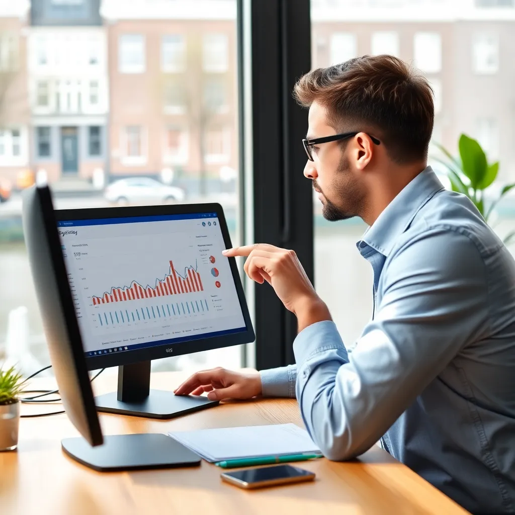 Professional SEO specialist analyseert website data op laptop met grafieken en zoekwoord analyses